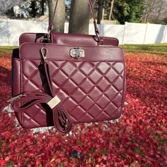 Badgley Mischka Vegan Plum Leather Quilted Tote Bag New - Picture 2 of 9